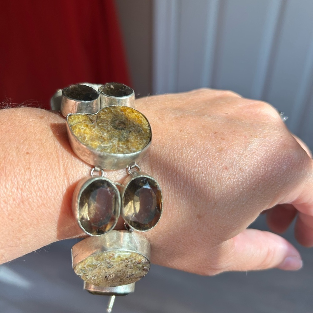 AMMONITE FOSSIL and Smokey Quartz Sterling silver  Bracelet 7 inches 🤓